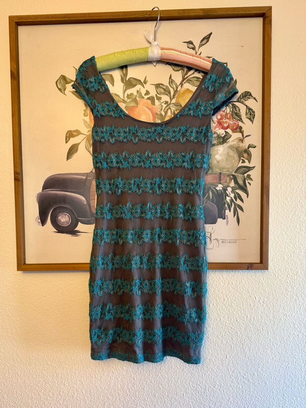 Y2K VTG Candies Teal and Gray Lace-Striped Scoop Neck Bodycon Dress